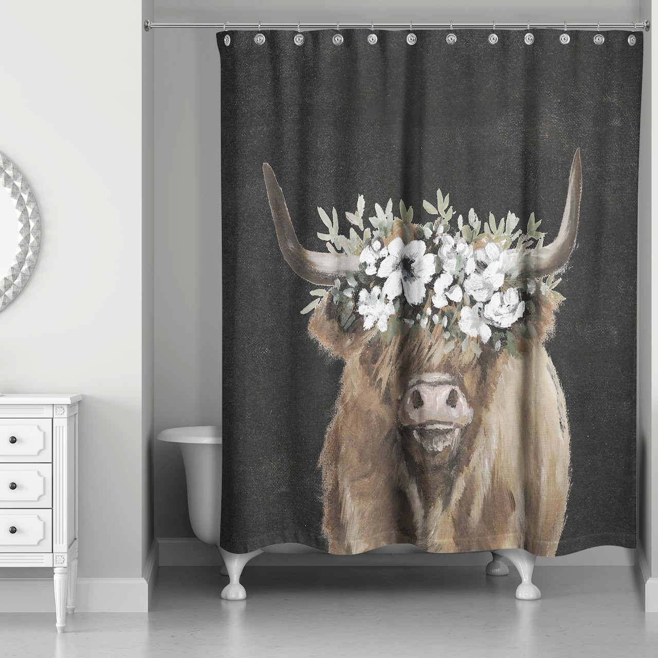 Highland Cow Portrait with Flower Crown 71" x 74" Shower Curtain